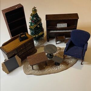 VTG Doll House Furniture Wooden Dresser, Piano & Stool, Bookcase, Tables & More